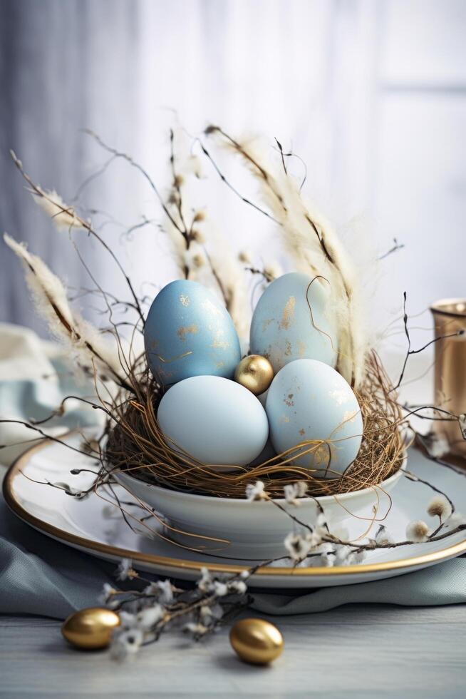 AI generated colorful easter eggs on twigs on table setting. photo