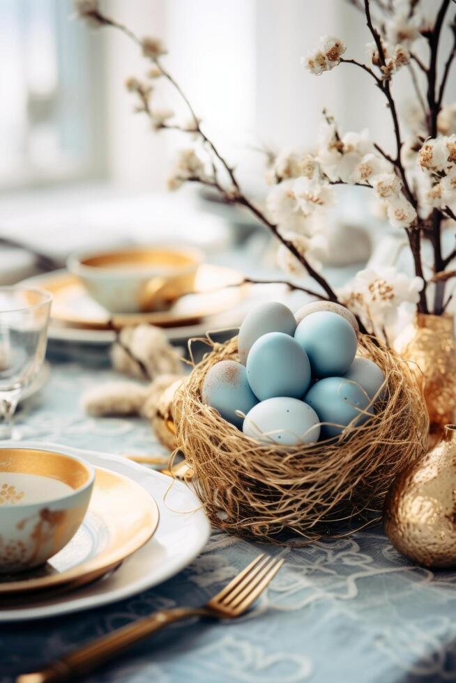 AI generated colorful easter eggs on twigs on table setting. photo