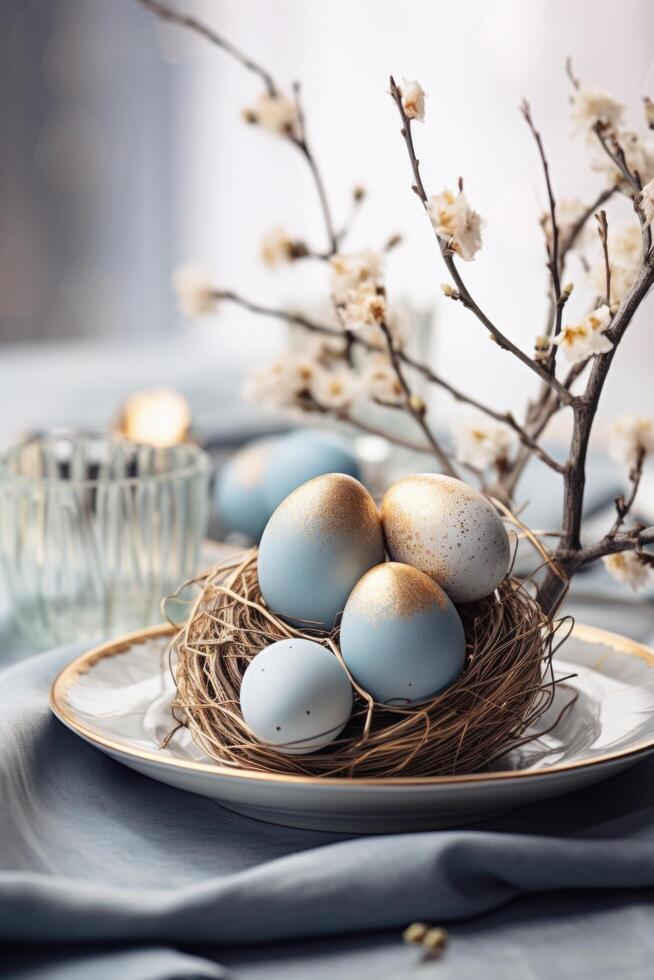 AI generated colorful easter eggs on twigs on table setting. photo