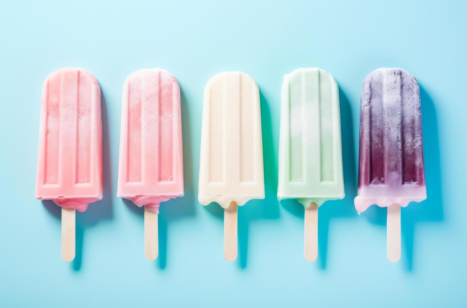 AI generated pastel sweet ice lollies are on a pink and blue background photo