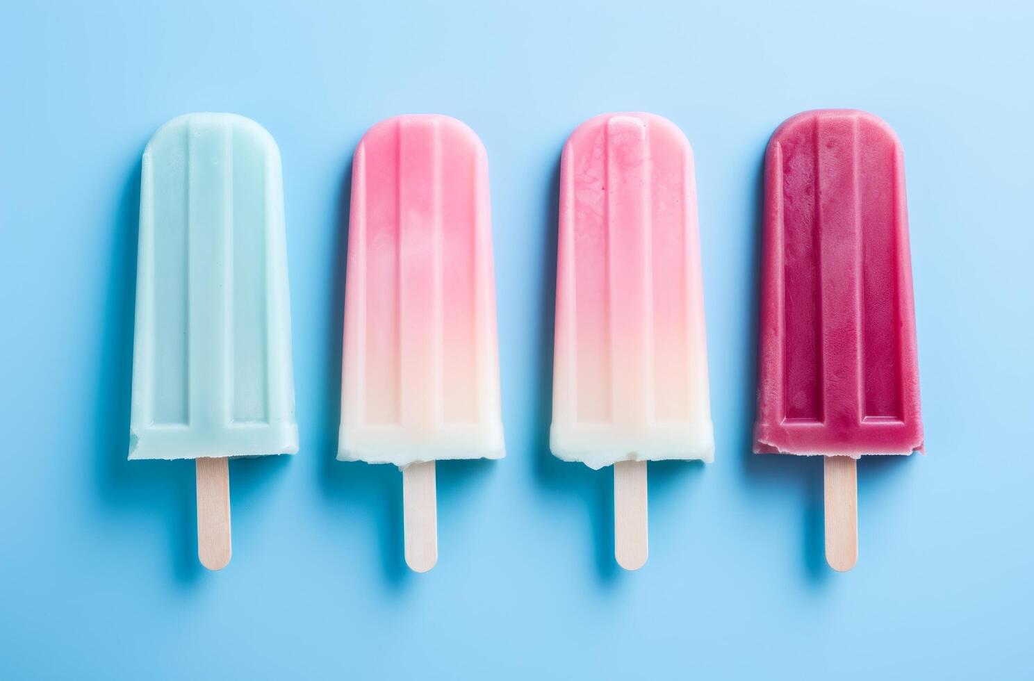 AI generated pastel sweet ice lollies are on a pink and blue background photo