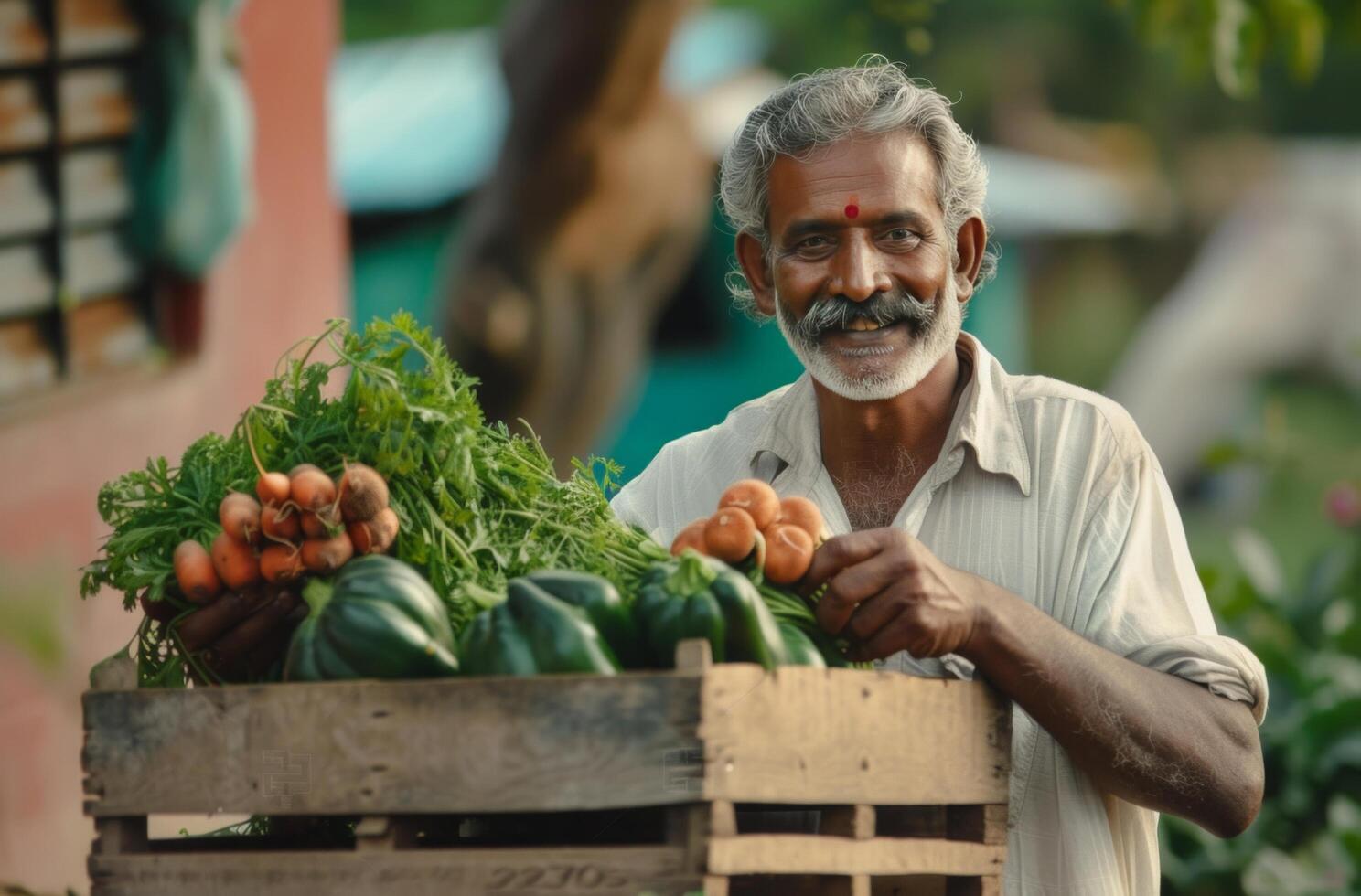 AI generated farmer in agriculture holding a wooden crate of vegetables photo