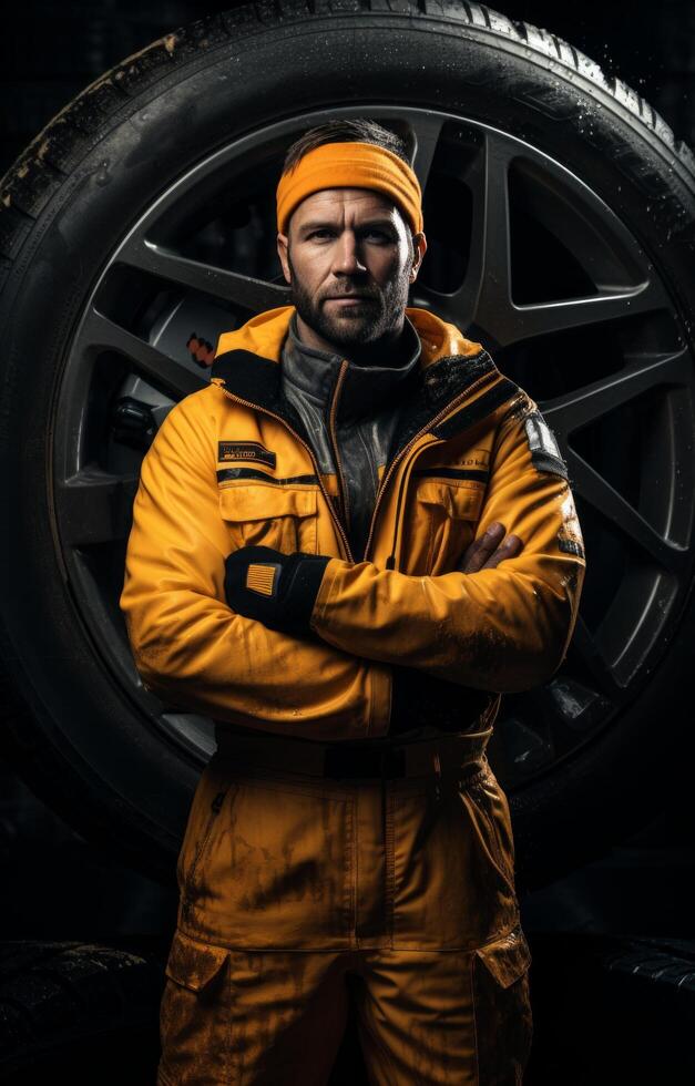 AI generated the tyre mechanic man with gloves photo