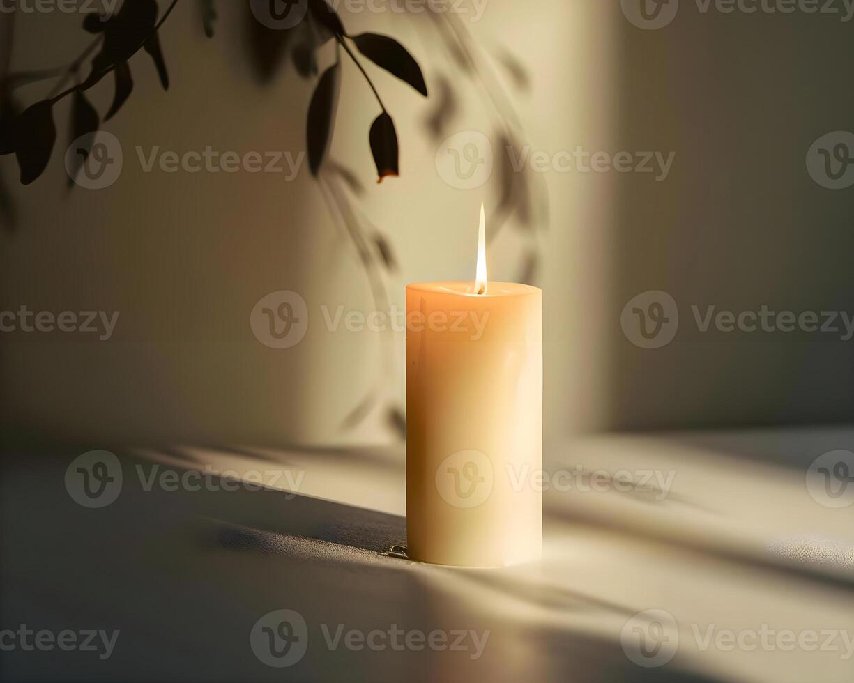 AI generated a lit candle sitting on a table next to a plant photo