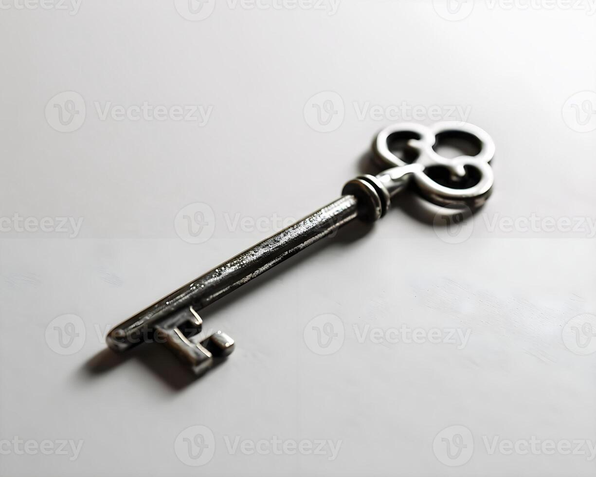 AI generated an old key is laying on a white surface photo