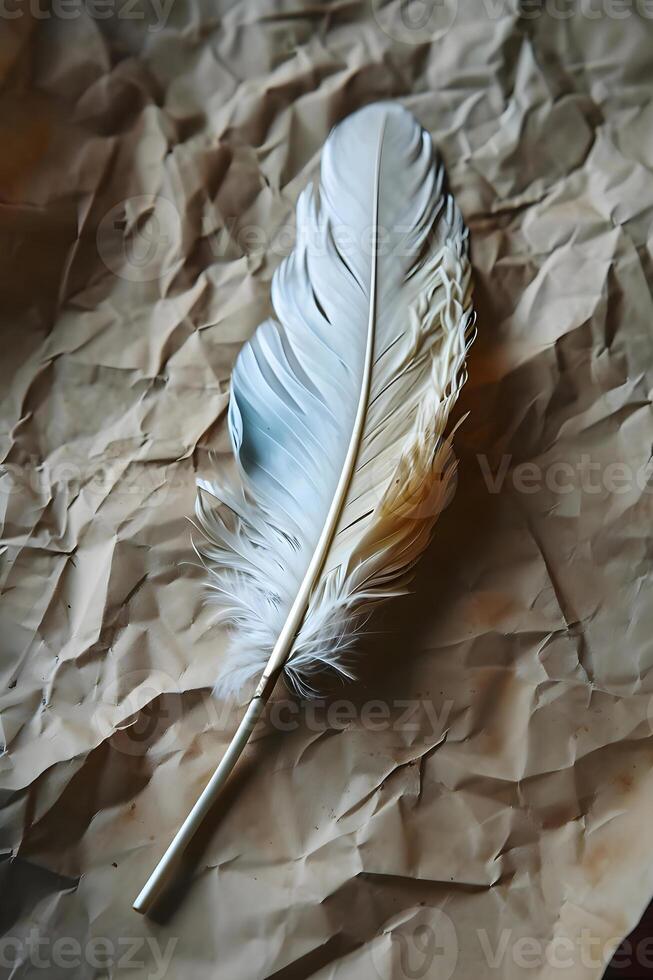 AI generated a feather resting on a piece of paper photo