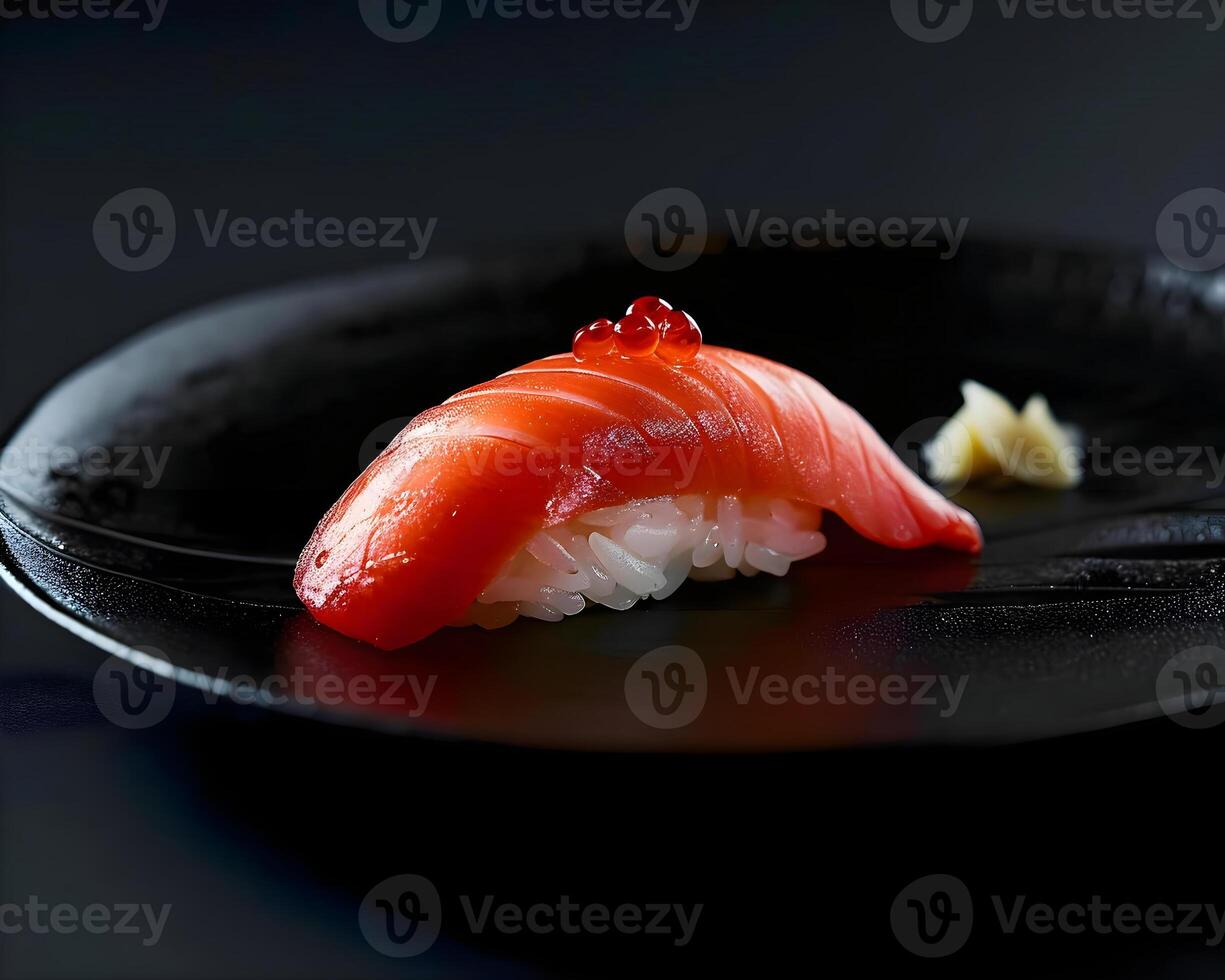 AI generated a black plate with a piece of sushi on it photo