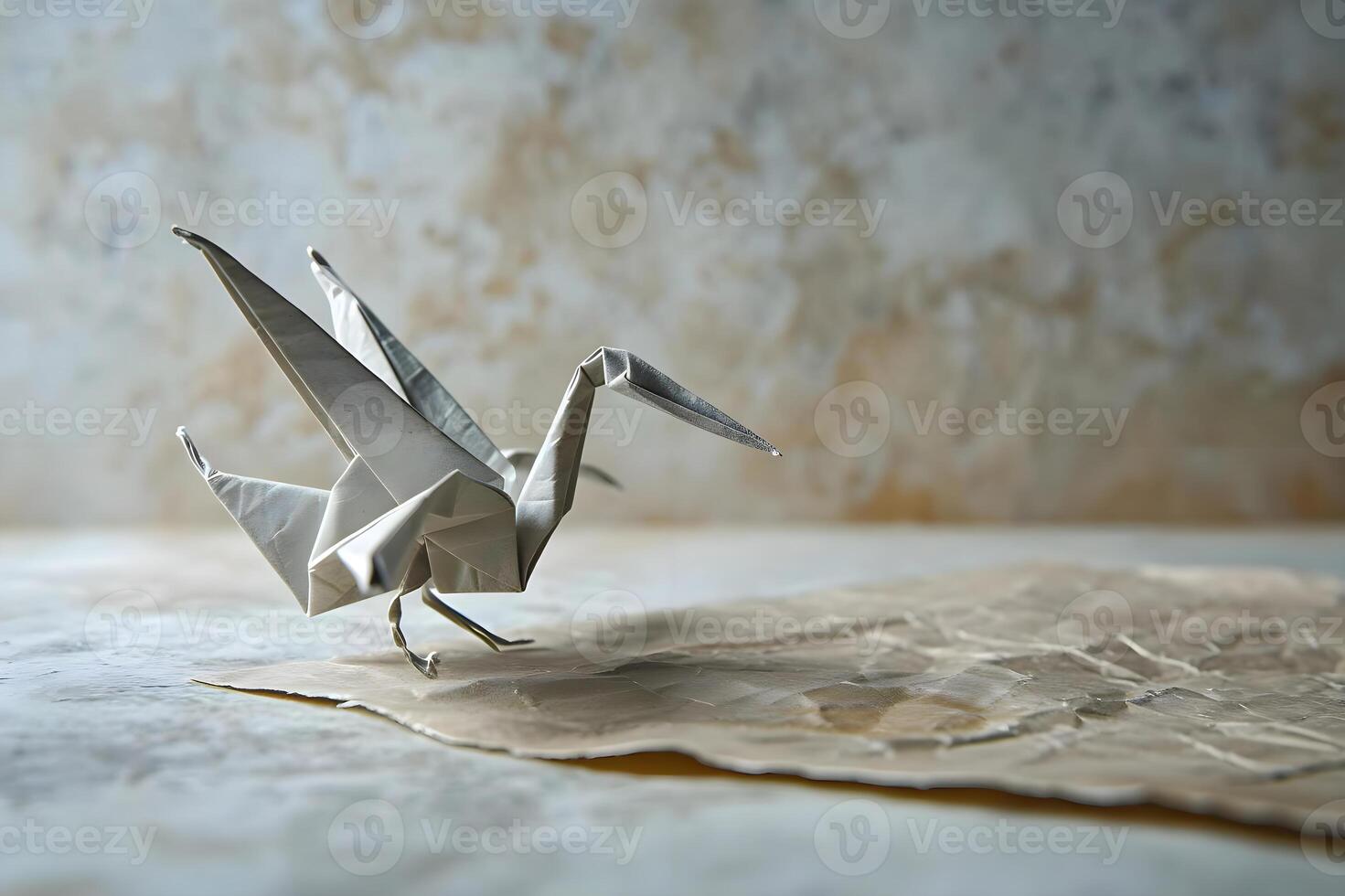 ai generado un blanco origami pájaro sentado en parte superior de un pedazo de papel foto