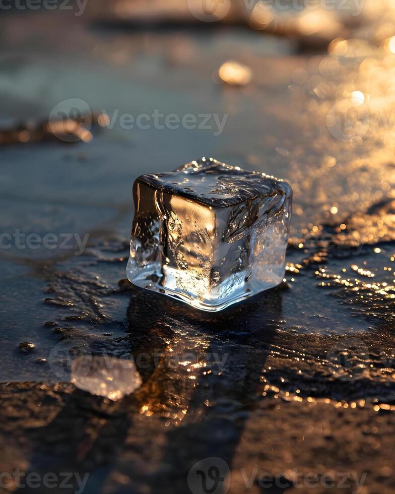 AI generated an ice cube sitting on top of a wet ground photo
