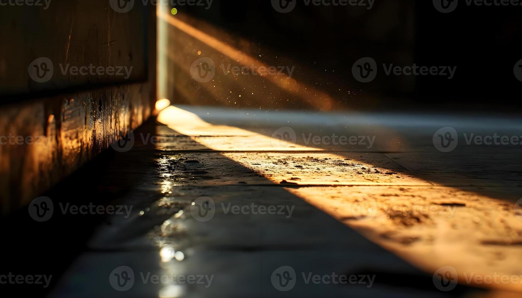 AI generated the sun shines through a window onto a wet floor photo