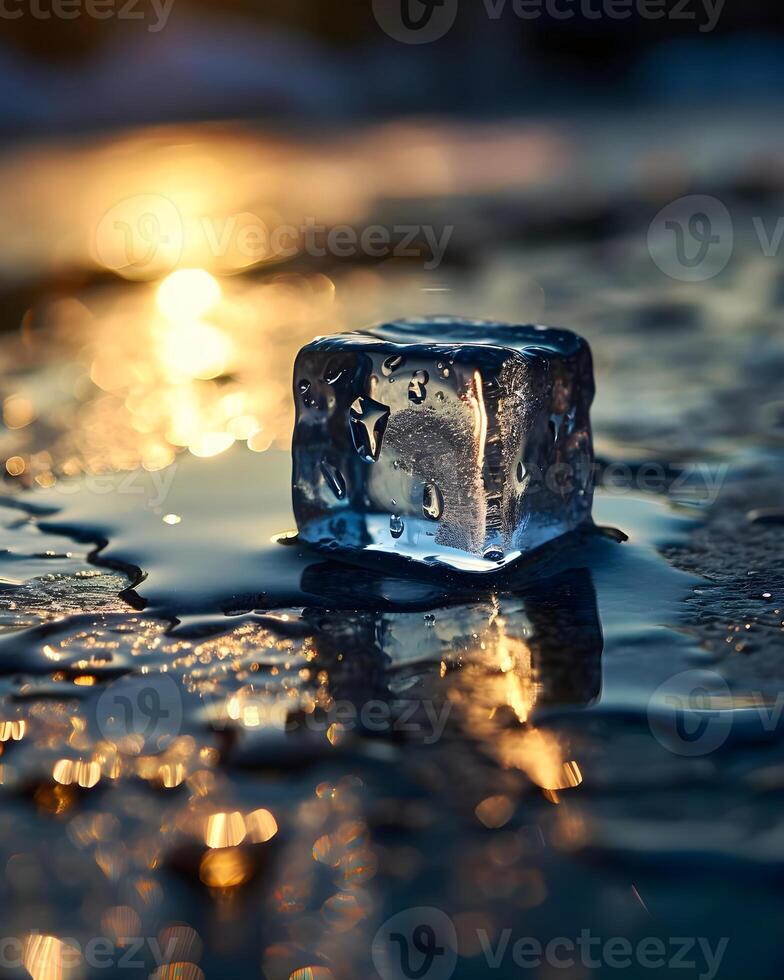 AI generated an ice cube sitting on top of a wet surface photo