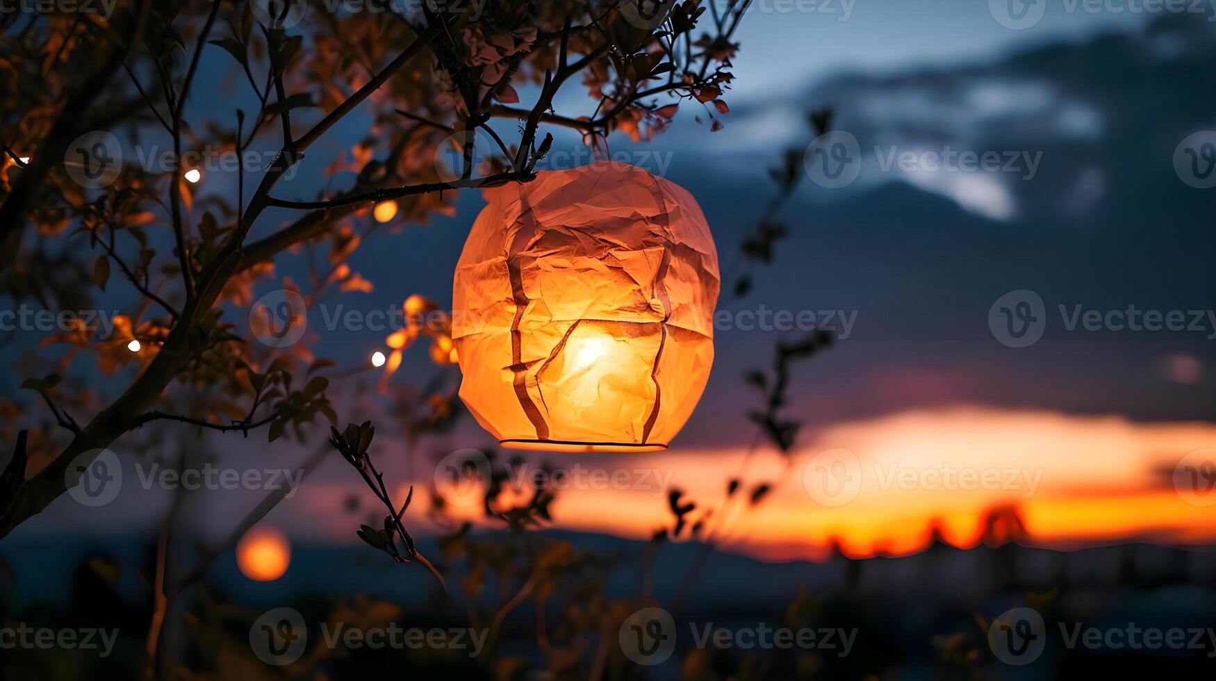 AI generated a paper lantern hanging from a tree branch photo