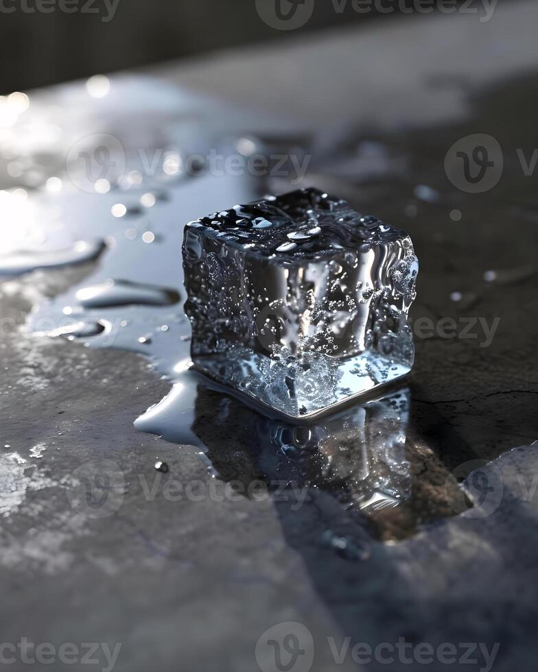 ai generado un cubo de hielo sentado en parte superior de un charco de agua foto