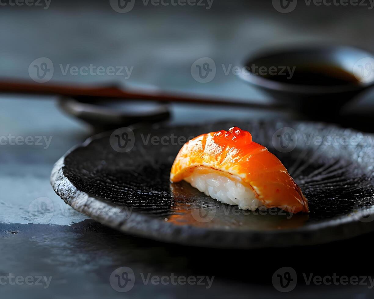 AI generated a black plate with a piece of sushi on it photo