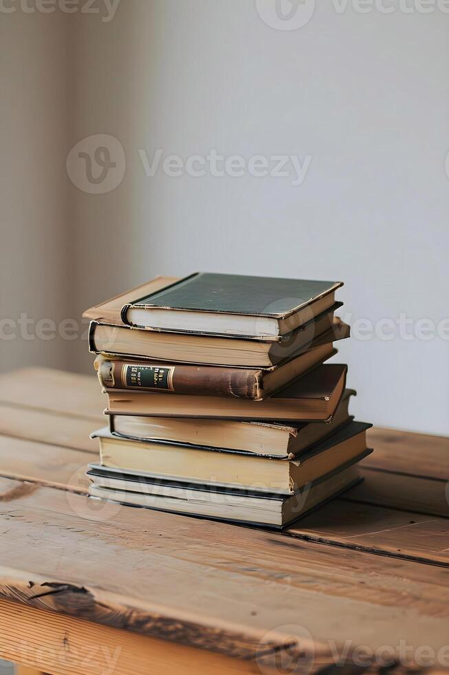 AI generated a stack of books sitting on top of a wooden table photo