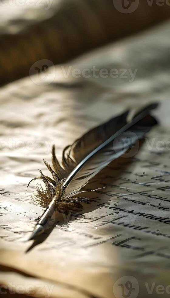 AI generated a feather quill resting on a piece of paper photo