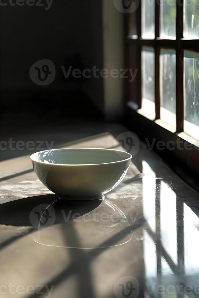 AI generated a white bowl sitting on top of a table next to a window photo