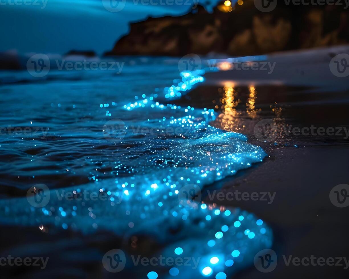 ai generado un cerca arriba de un ola en un playa a noche foto