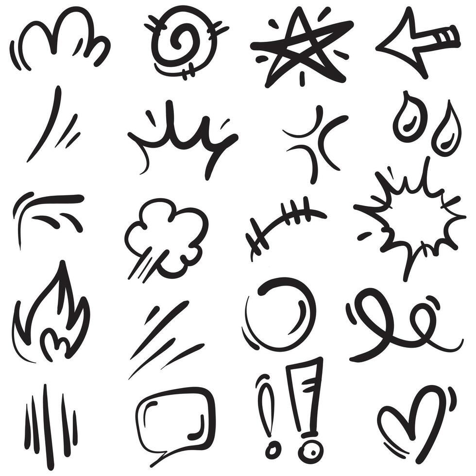 Conjunto de vectores de doodle de signo de expresión de dibujos animados dibujados a mano, flechas direccionales de curva, elementos de diseño de efectos de emoticonos, símbolos de emoción de personaje de dibujos animados, lindas líneas de trazo de pincel decorativo.