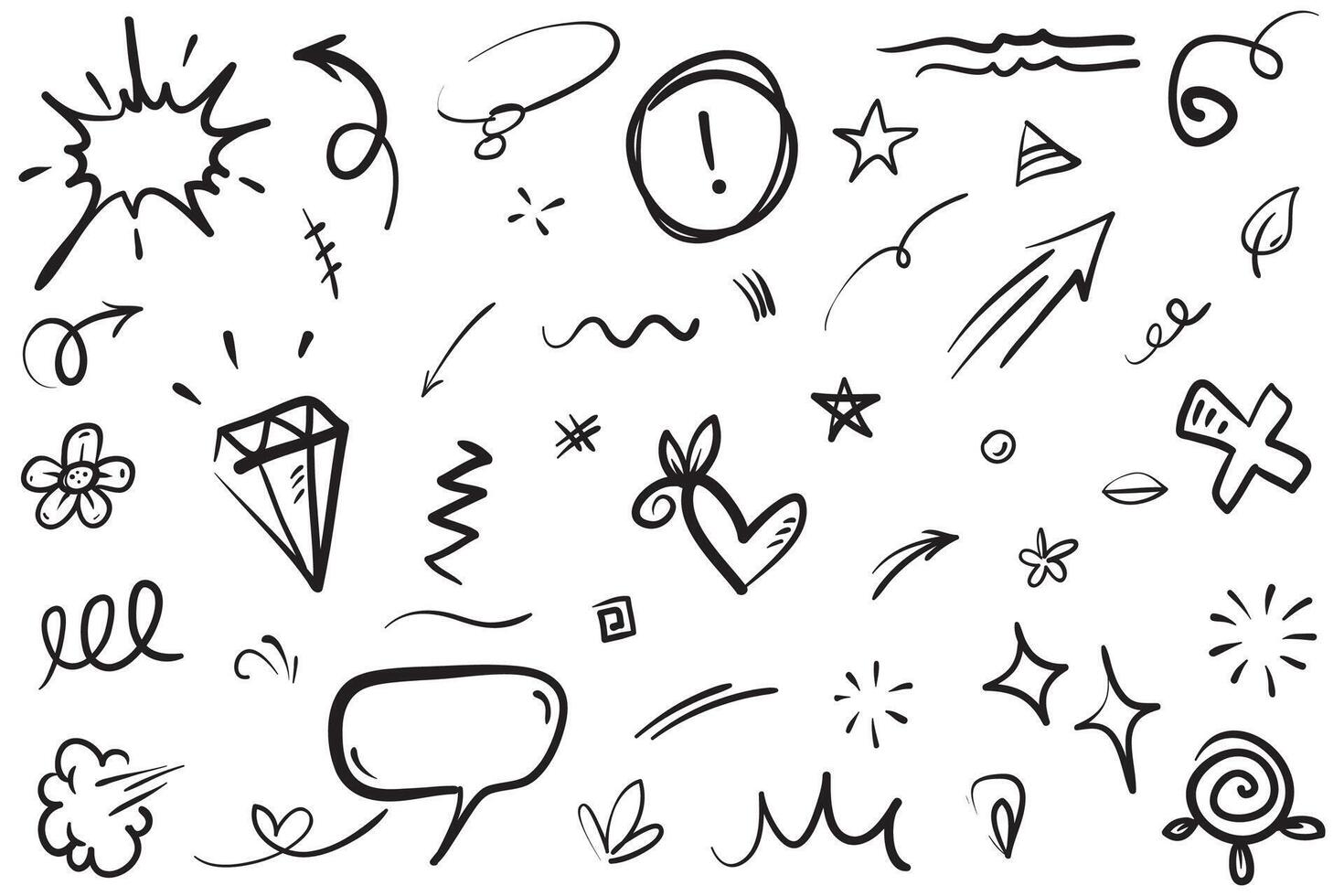 Vector set of hand-drawn cartoony expression sign doodle, curve directional arrows, emoticon effects design elements, cartoon character emotion symbols, cute decorative brush stroke lines.