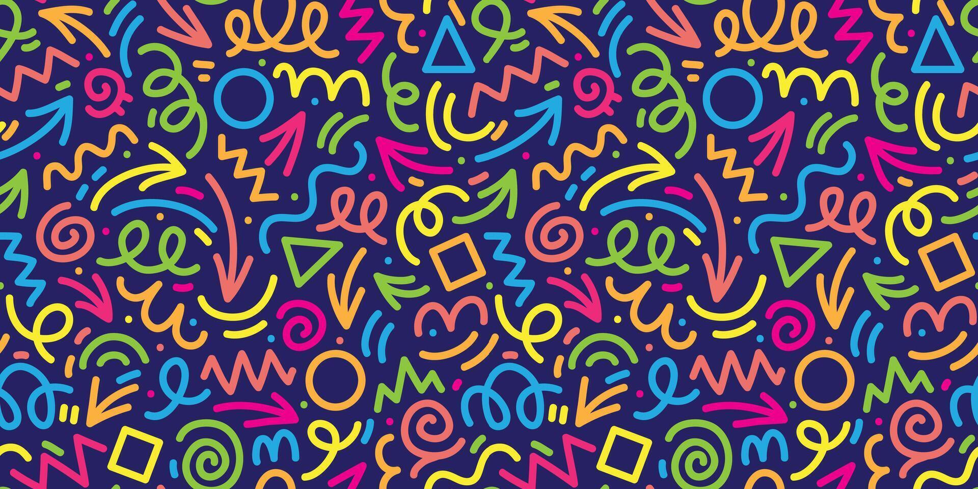 fun colorful line doodle seamless pattern. Creative abstract art background collection for children or festive celebration design. Simple childish scribble wallpaper print texture bundle. vector