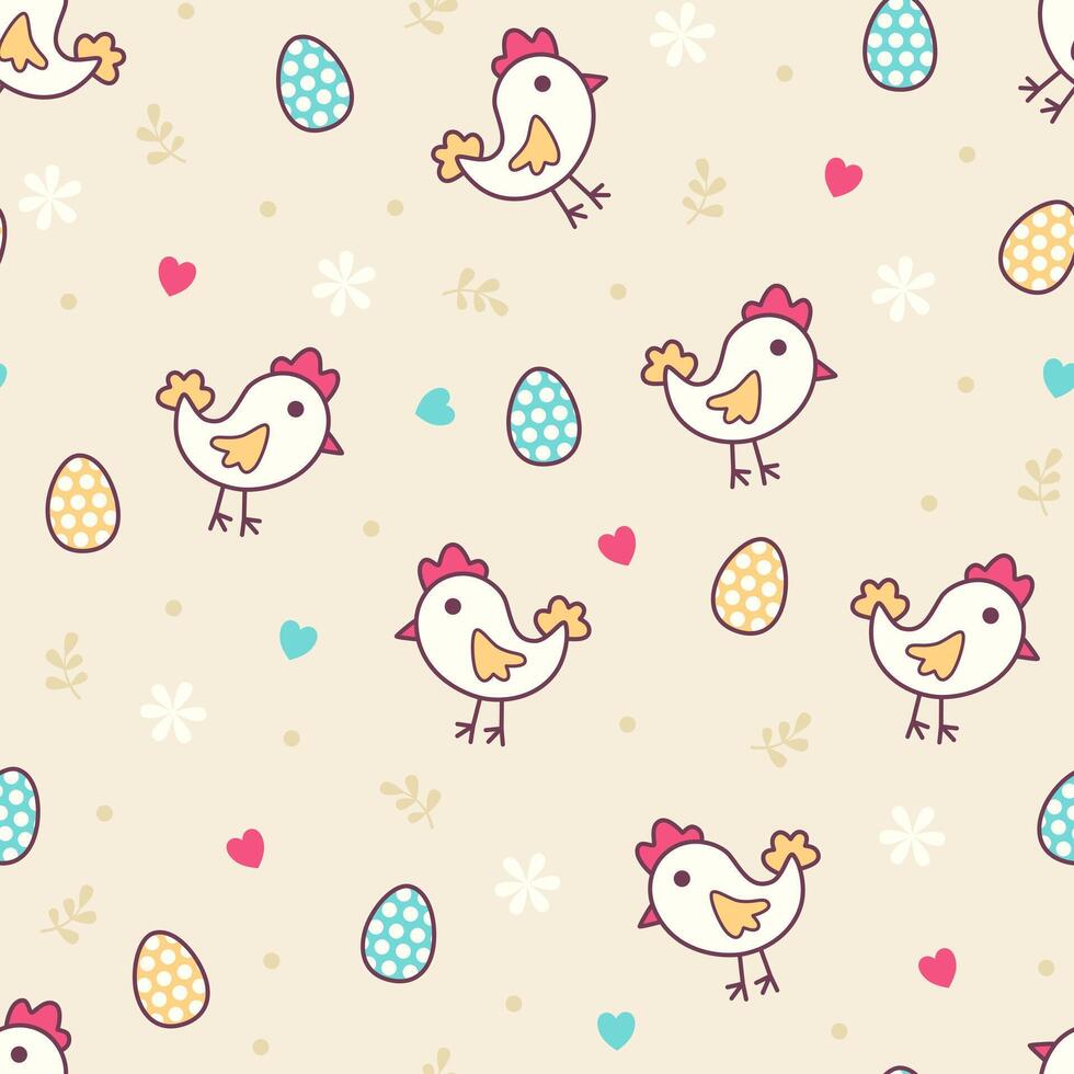 Cute Chicken and Eggs Seamless Pattern with Flower, Leaves and Hearts element. Abstract art print. Design for paper, covers, cards, fabrics, interior items and any. Vector illustration about Easter.