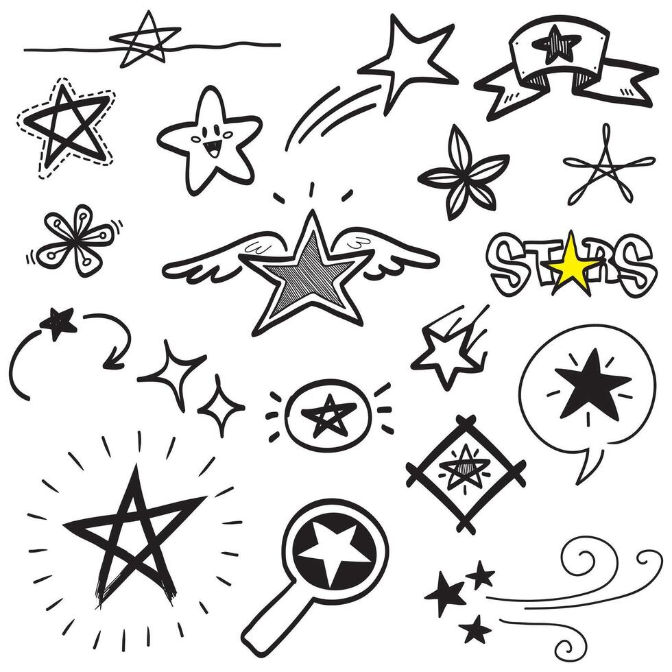 Set of black hand drawn doodle stars in isolated on white background. vector