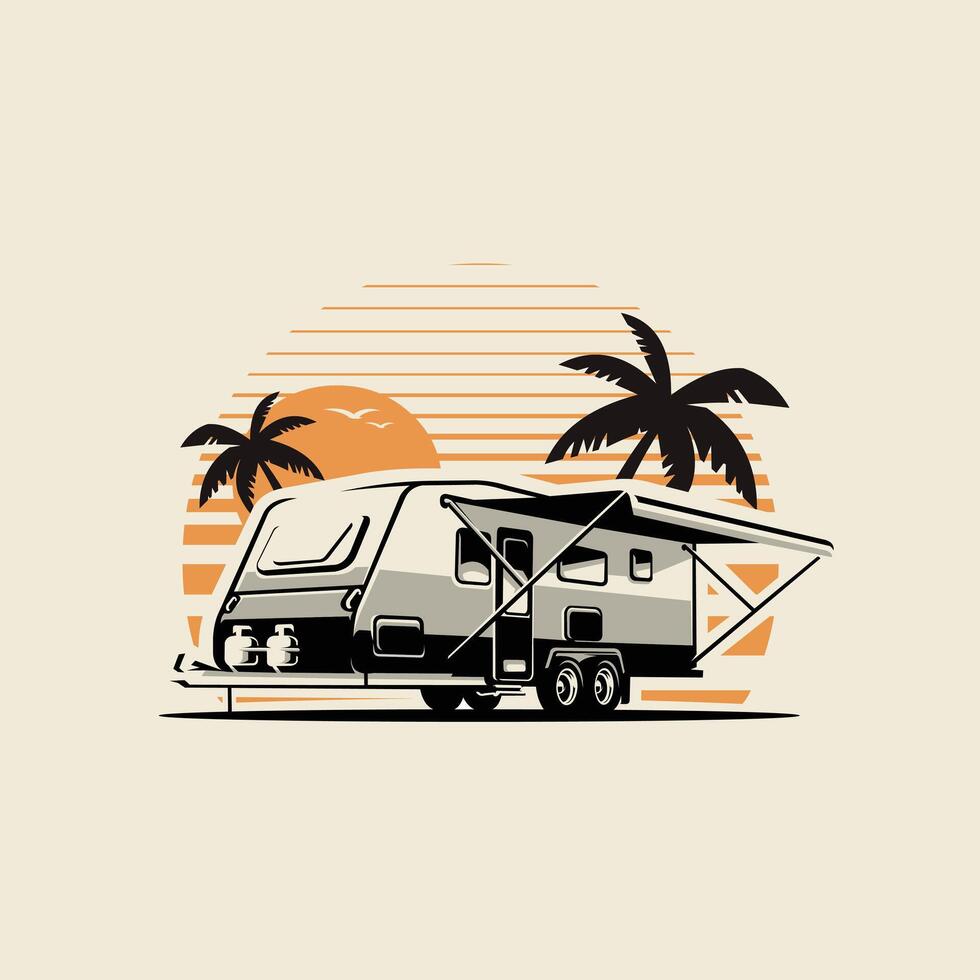 Caravan trailer in beach scenery vector illustration. Best for camping and outdoor camping related industry
