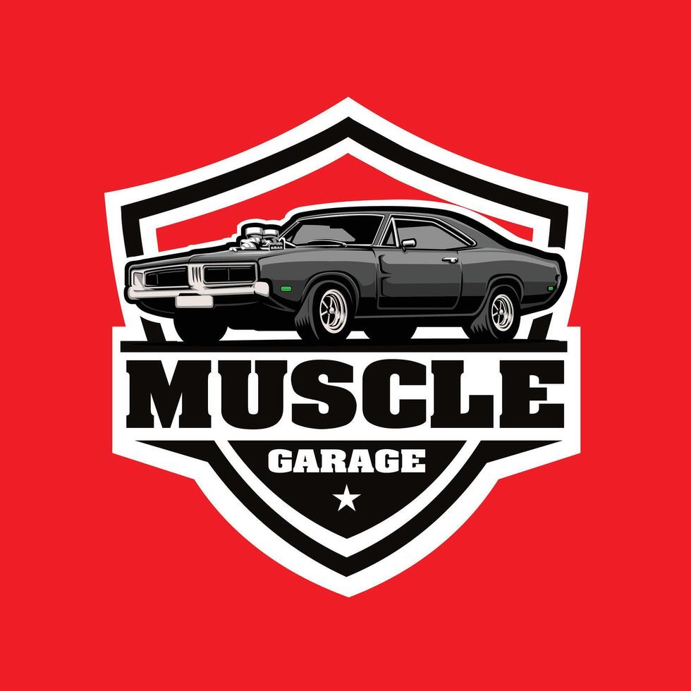 músculo coche garaje Listo hecho emblema logo vector aislado en rojo antecedentes. mejor para automotor relacionado industria
