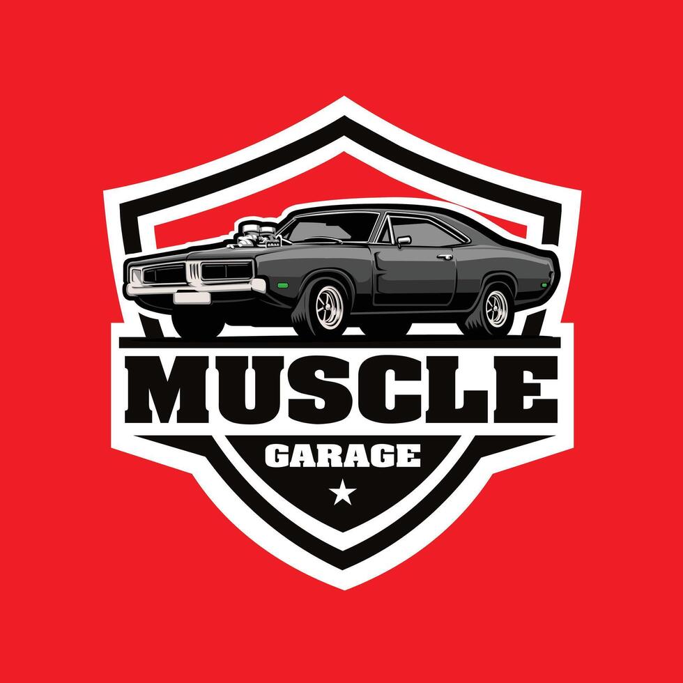 Muscle car garage ready made emblem logo vector isolated in red background. Best for automotive related industry