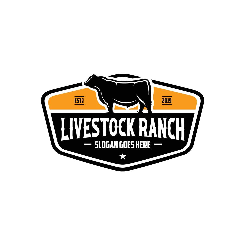 ganado rancho granja emblema logo vector. angus vaca vacas rancho Listo hecho logo vector