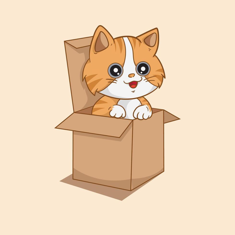Funny orange cat in the box cartoon vector illustration