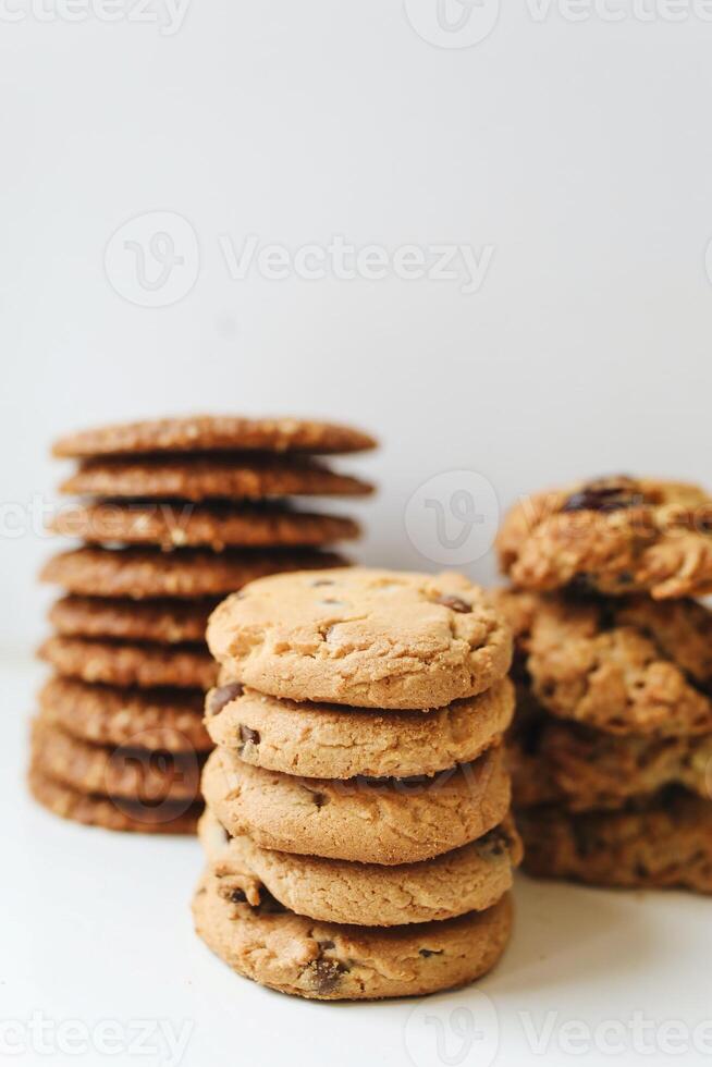Chocolate chip cookies on a white background. Selective focus. photo