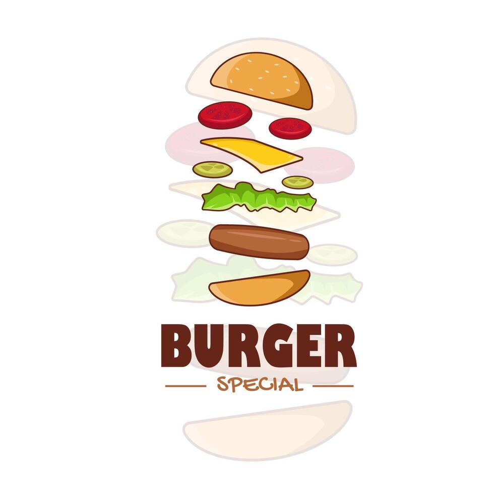 Burger with flying ingredients on white background. vector