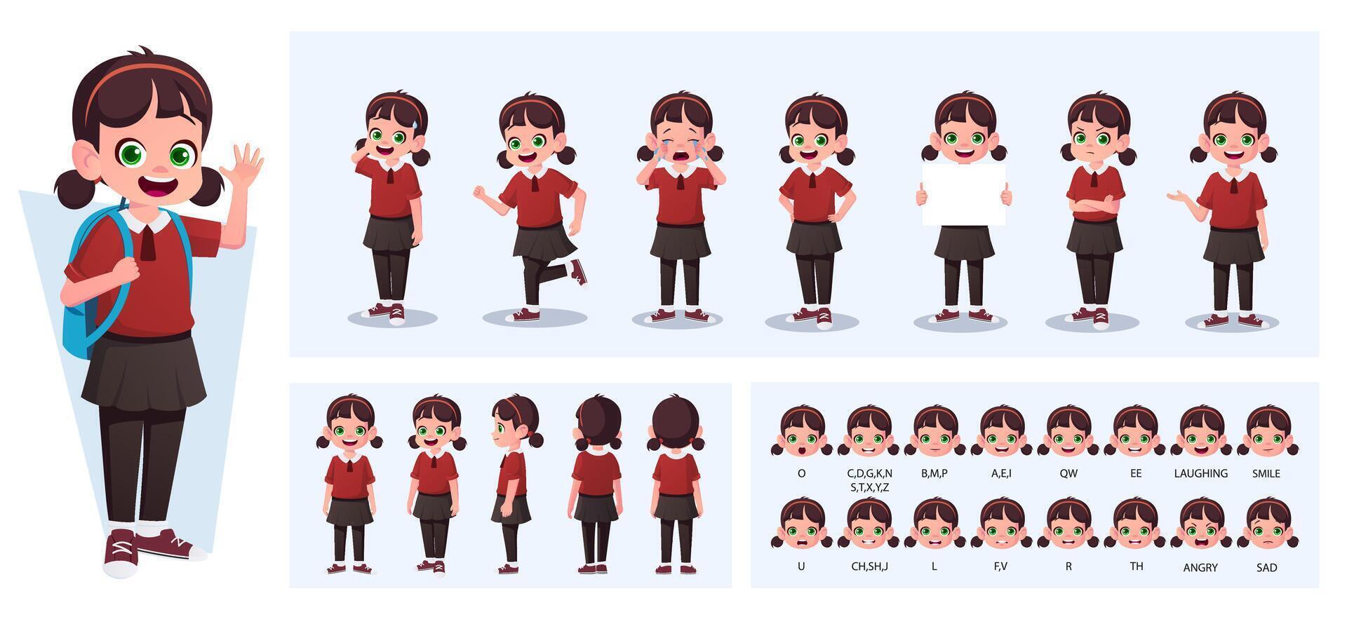 pequeño niña personaje constructor con gestos, comportamiento y emociones niño lado, frente, posterior vista, móvil cuerpo partes para animación y Sincronización labial vector ilustración
