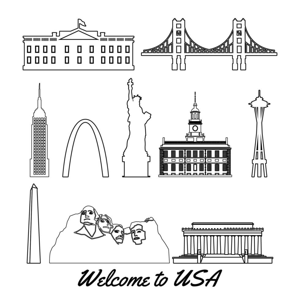 set of usa famous landmarks by silhouette outline style vector