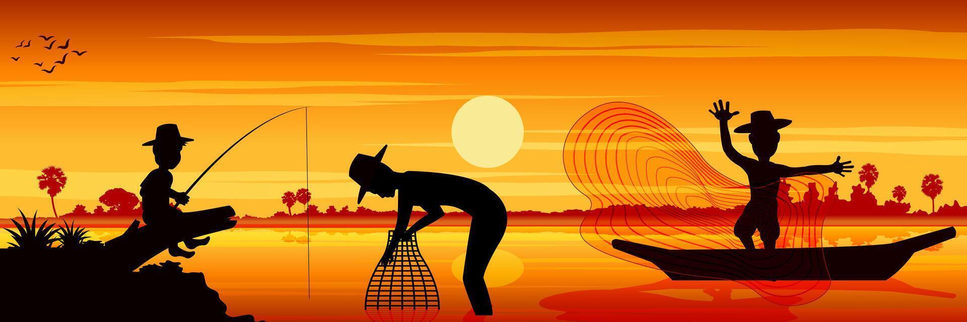 Silhouette picture of how to catching fish on sunset time vector