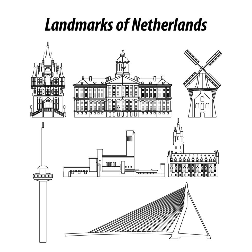 conjunto de Países Bajos famoso puntos de referencia por silueta contorno estilo vector