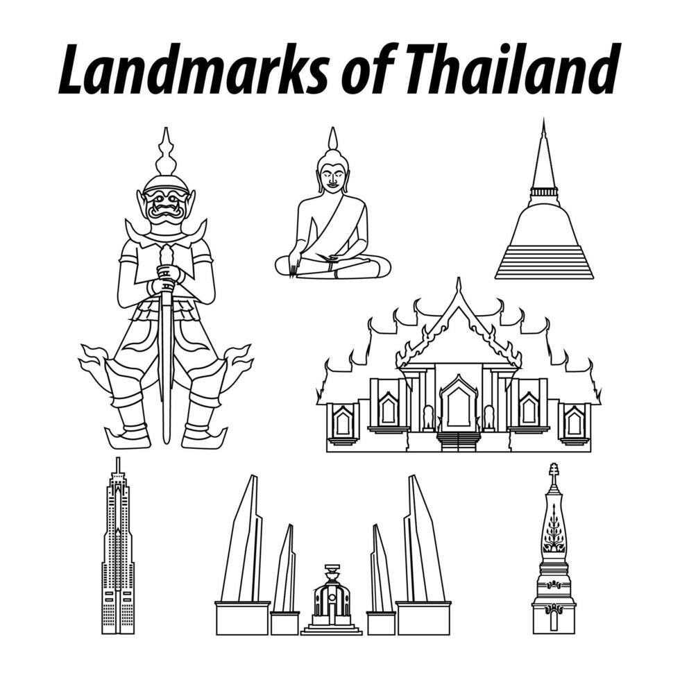 Bundle of Thailand famous landmarks by silhouette outline style vector