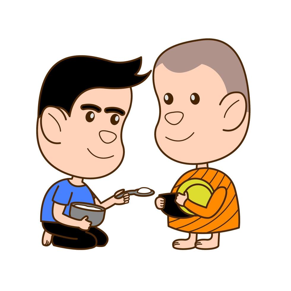man send food to monk in the morning with cartoon version vector