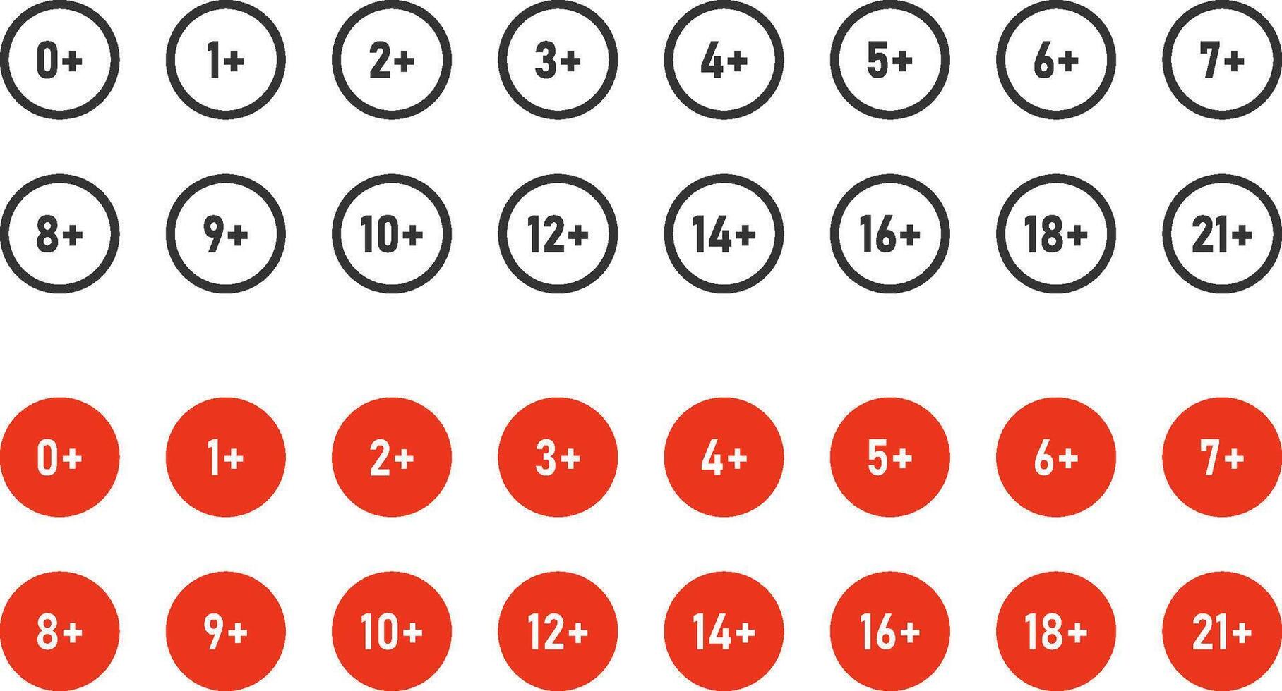 Age limit icon set, age restrictions sign. Outline and flat high quality vector illustration