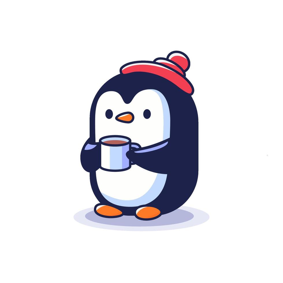 linda pingüino con taza de caliente beber, invierno frío estación, animal mascota vector ilustración.