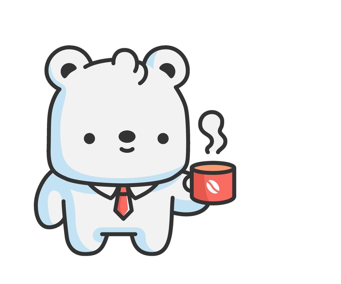 Cute white polar bear character with cup of coffee. Office clerk lifestyle. Simple flat vector illustration.