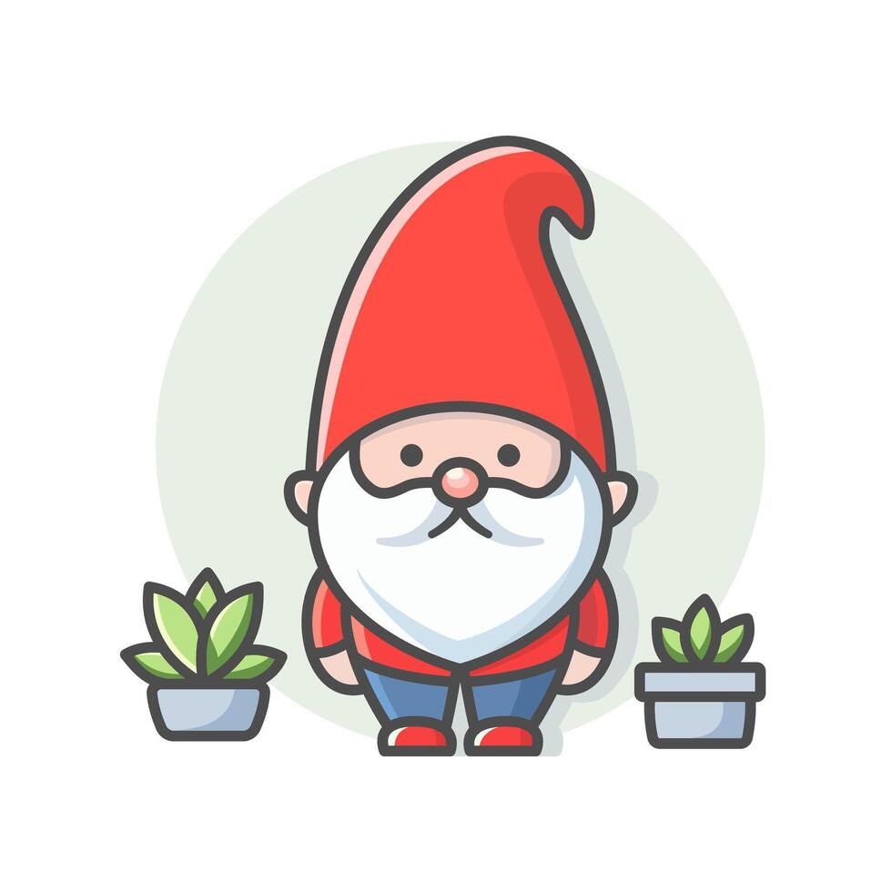 Cute cartoon garden gnome in red hat standing among the flower pots. High quality vector Illustration.