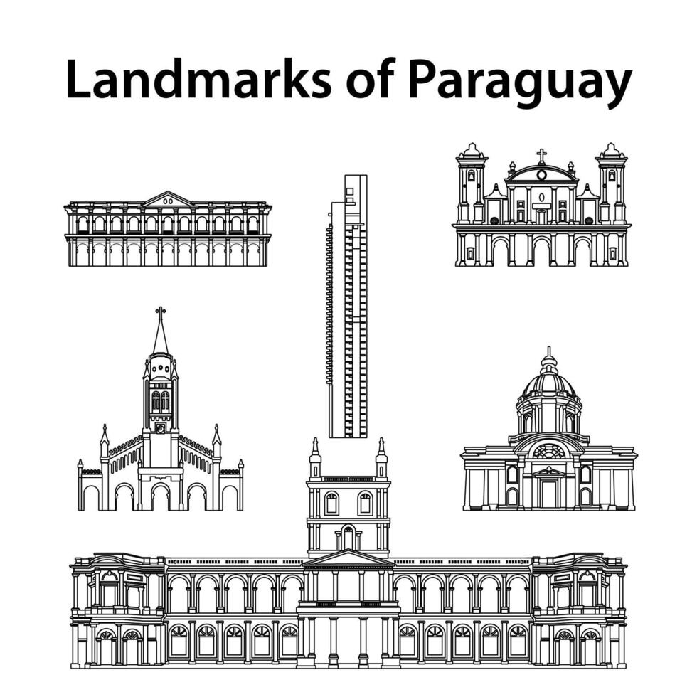 conjunto de paraguay famoso puntos de referencia por silueta contorno estilo vector