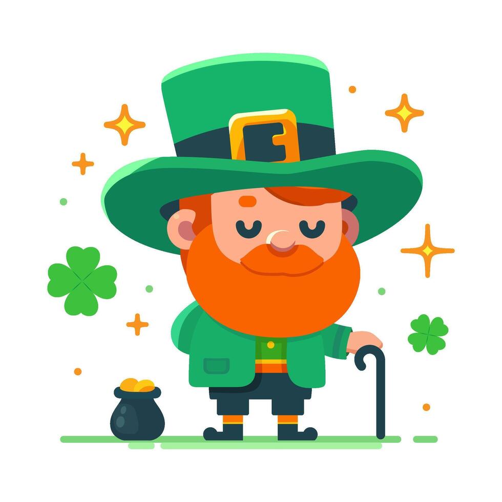 Leprechaun in green costume with pot of gold coins and green hat, clover, lucky symbol, cartoon character. Irish bearded gnome, national holidays. St. Patrick day. High quality vector illustration.