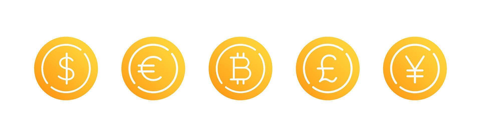 World currency golden coin icon set. Euro, usd dollar, bitcoin, yen, pound, cryptocurrency. Money symbol, financial investment, crisis. vector