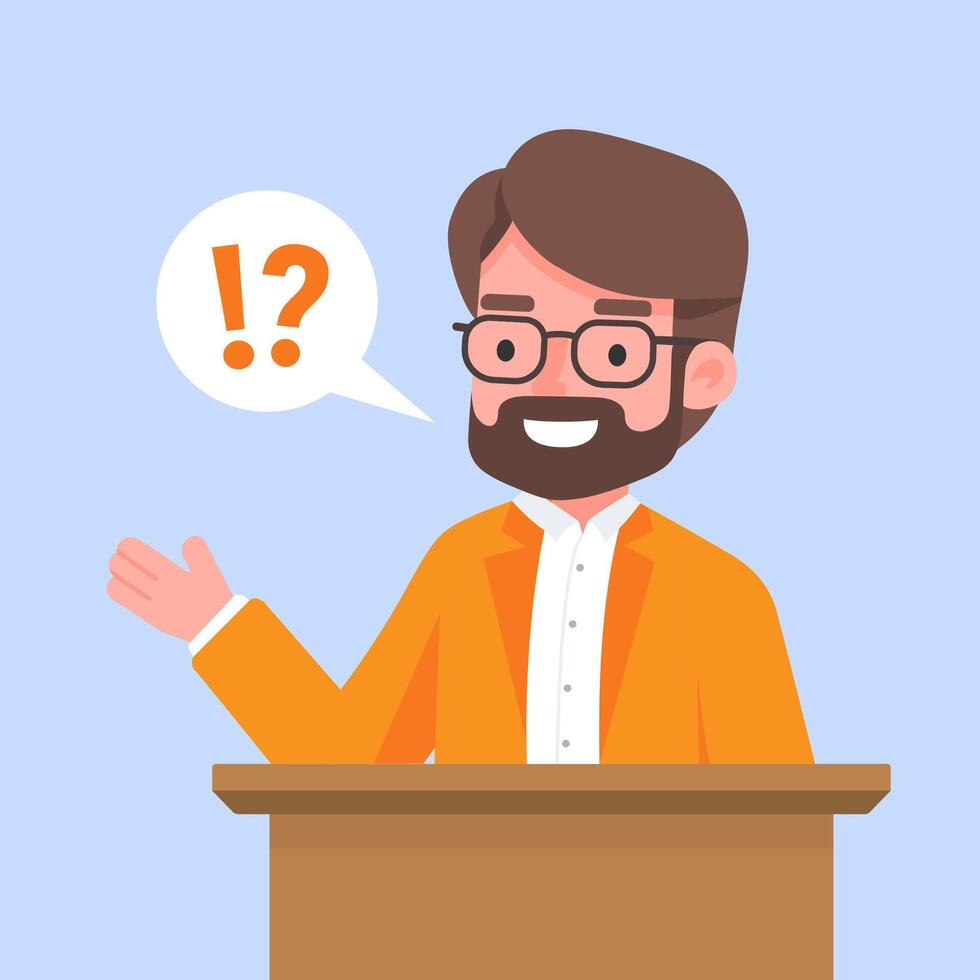 Speaker talking, person at the podium speak to the microphone, speech presentation, political person, simple flat colored vector illustration.