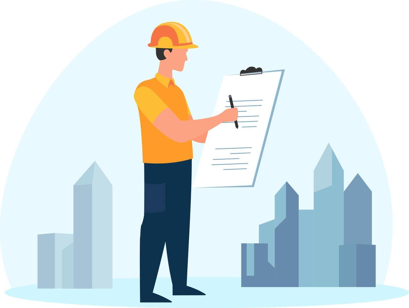 Construction worker with tablet, male character manager wearing hardhat, with buildings on background. Safety symbol. High quality vector illustration