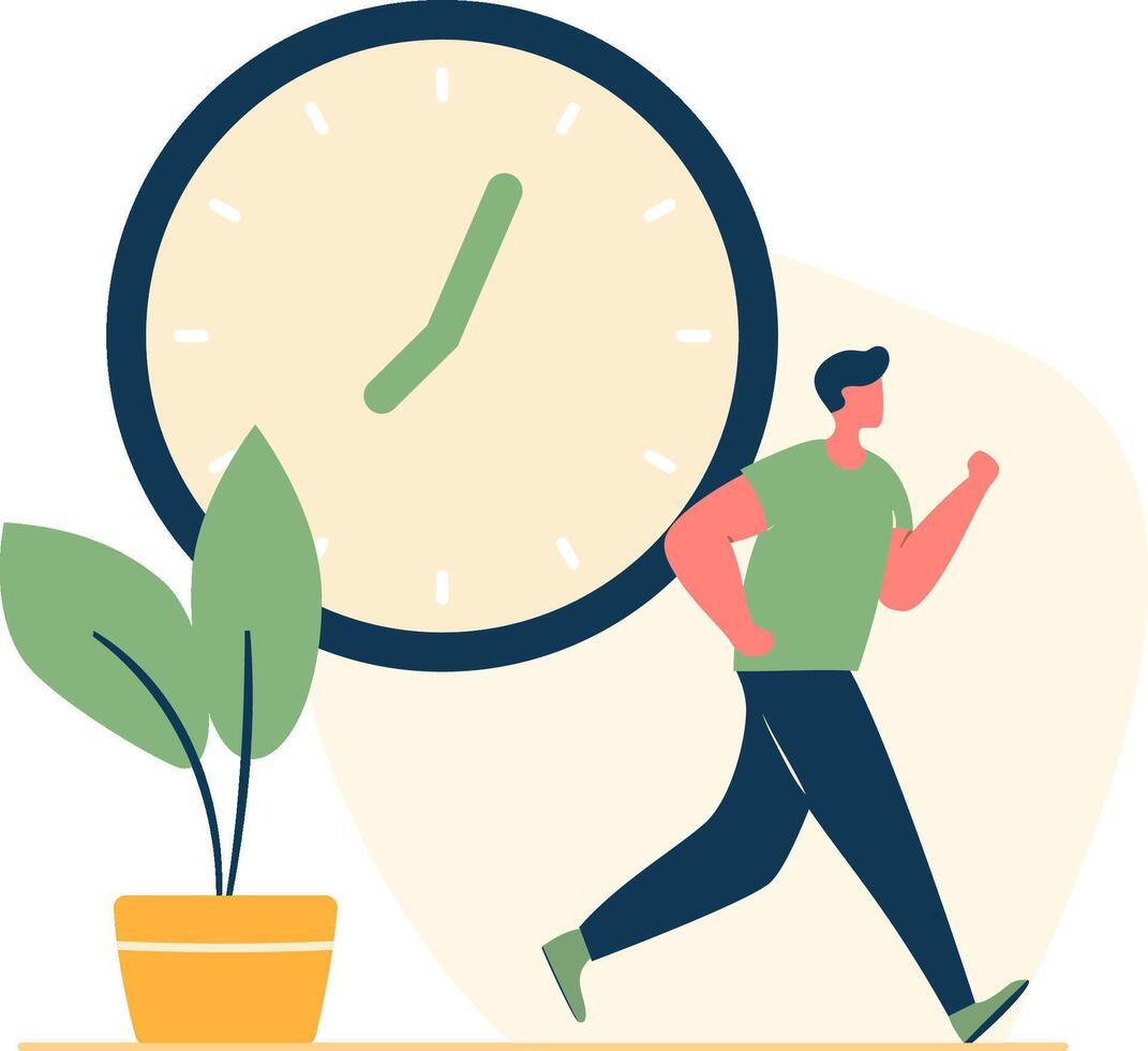 Man running forward near big clock flat trendy illustration. Time to go concept. Complete tasks before deadline. Lifestyle, hurry. vector